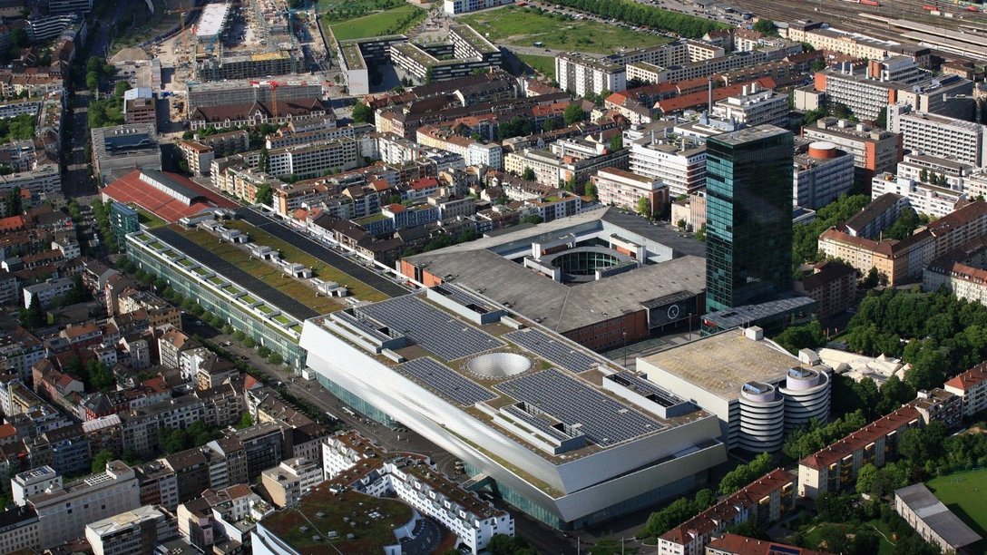 Luftaufnahme der Messe Basel, Basel, Schweiz